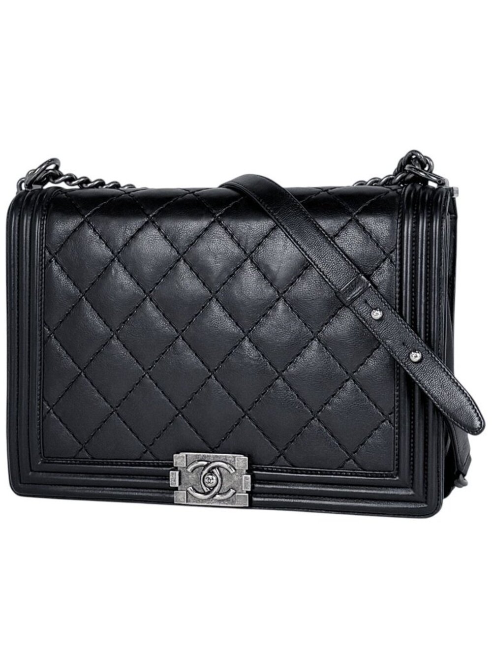 Chanel Shoulder Bag Boy CC Logo Leather Black